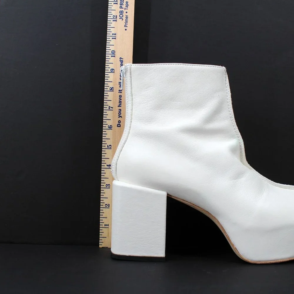 MOMA Platform Boots White Leather Handmade Block Heel Zip Back Seam SZ 39/10